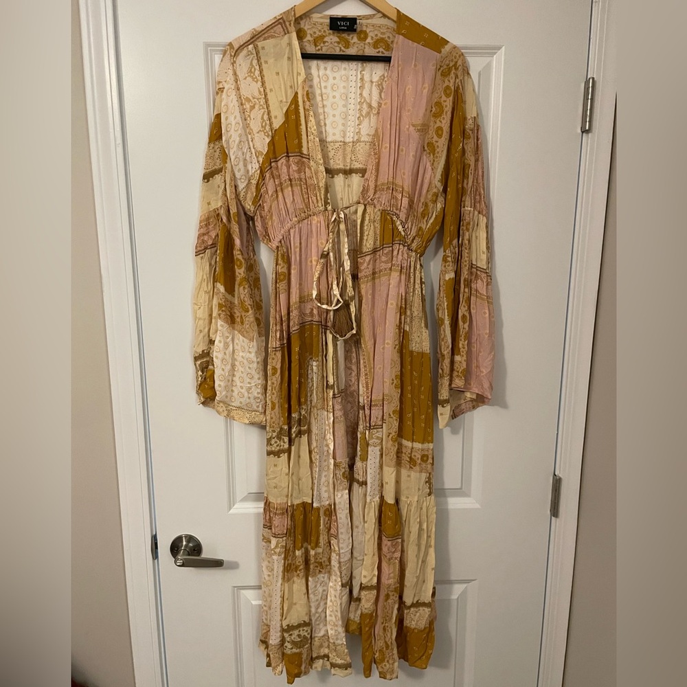 Vici Bohemian Patchwork Cardigan Duster Tie Front